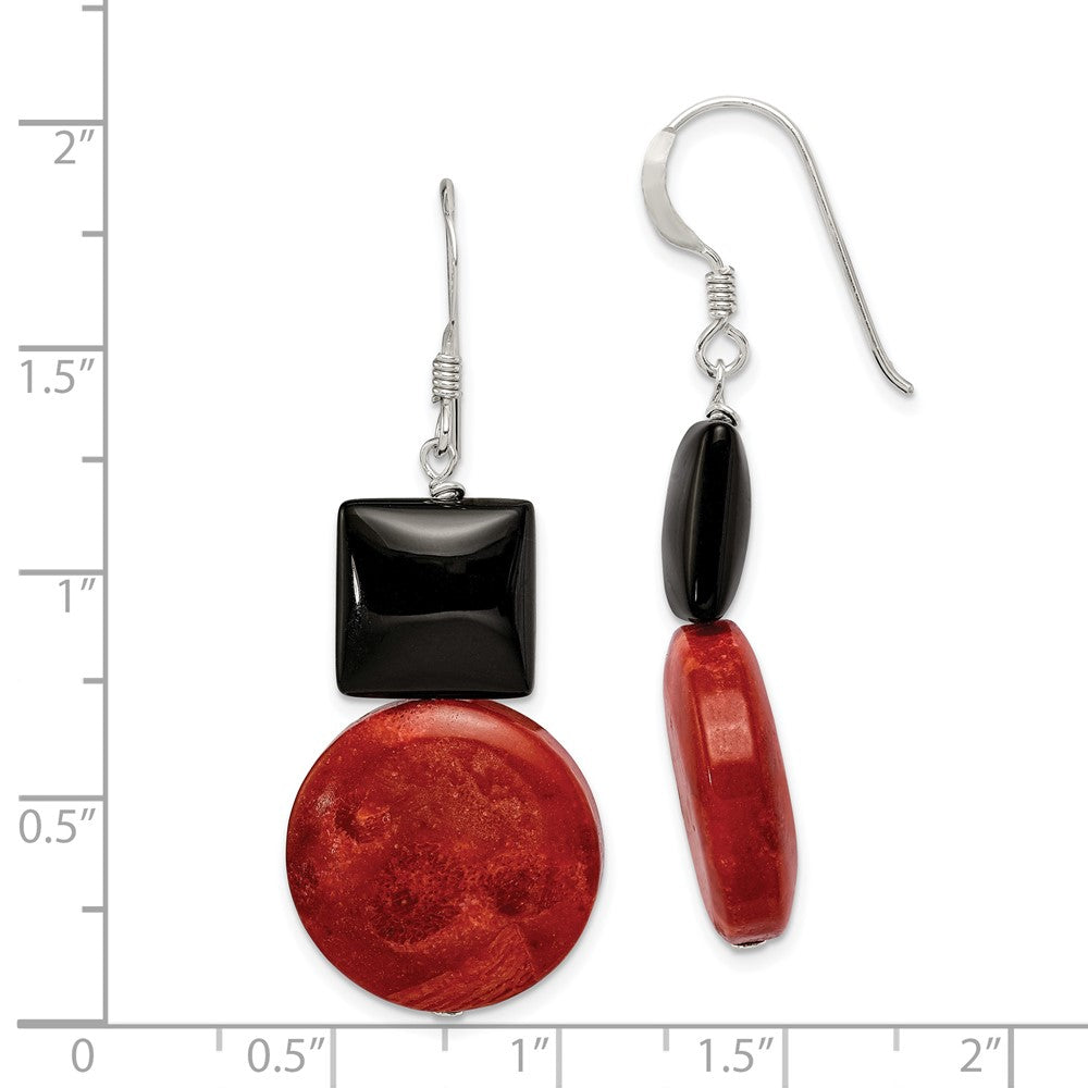 Sterling Silver Black Agate and Reconstituted Red Coral Earrings