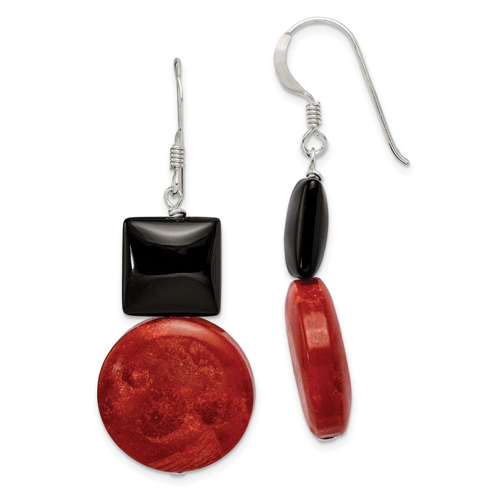 Sterling Silver Black Agate and Reconstituted Red Coral Earrings