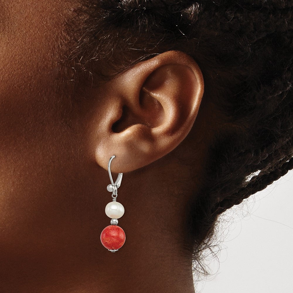 Sterling Silver FWC Pearl Reconstituted Red Coral Earrings