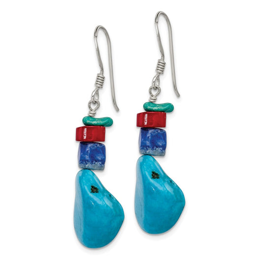 Sterling Silver Red Coral Howlite Lapis Turquoise Dangle Earrings