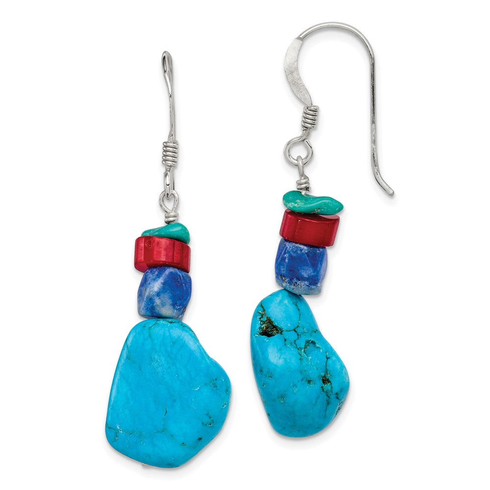 Sterling Silver Red Coral Howlite Lapis Turquoise Dangle Earrings