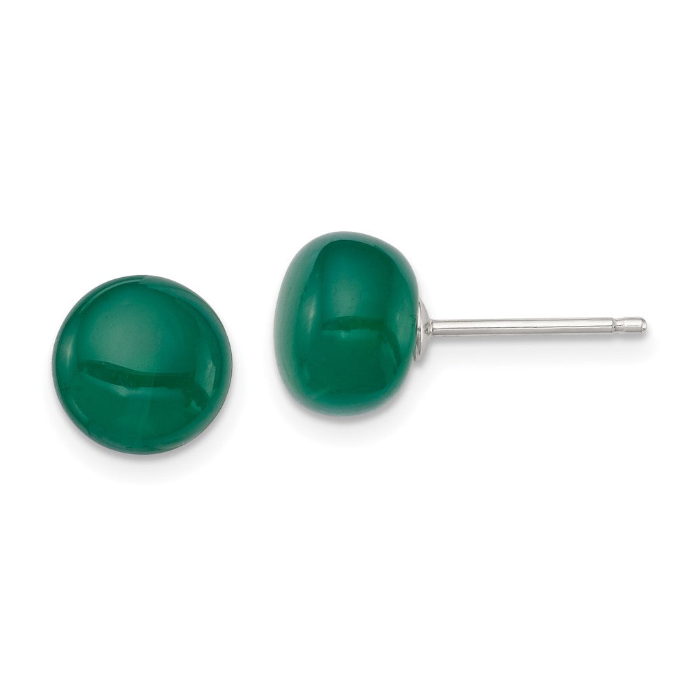 Sterling Silver 8-8.5mm Button Emerald Green Agate Post Earrings