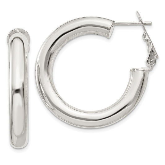 Sterling Silver 5x30mm Omega Back Hoop Earrings