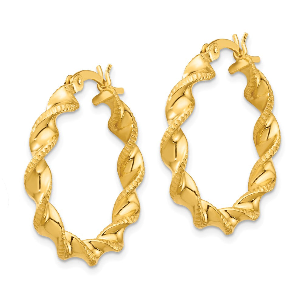 Yellow Gold-plated Sterling Silver Patterned Twisted 4x25mm Hoop Earrings