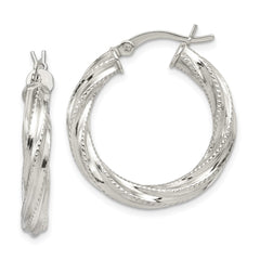 Sterling Silver Patterned Twisted 4x25mm Hoop Earrings