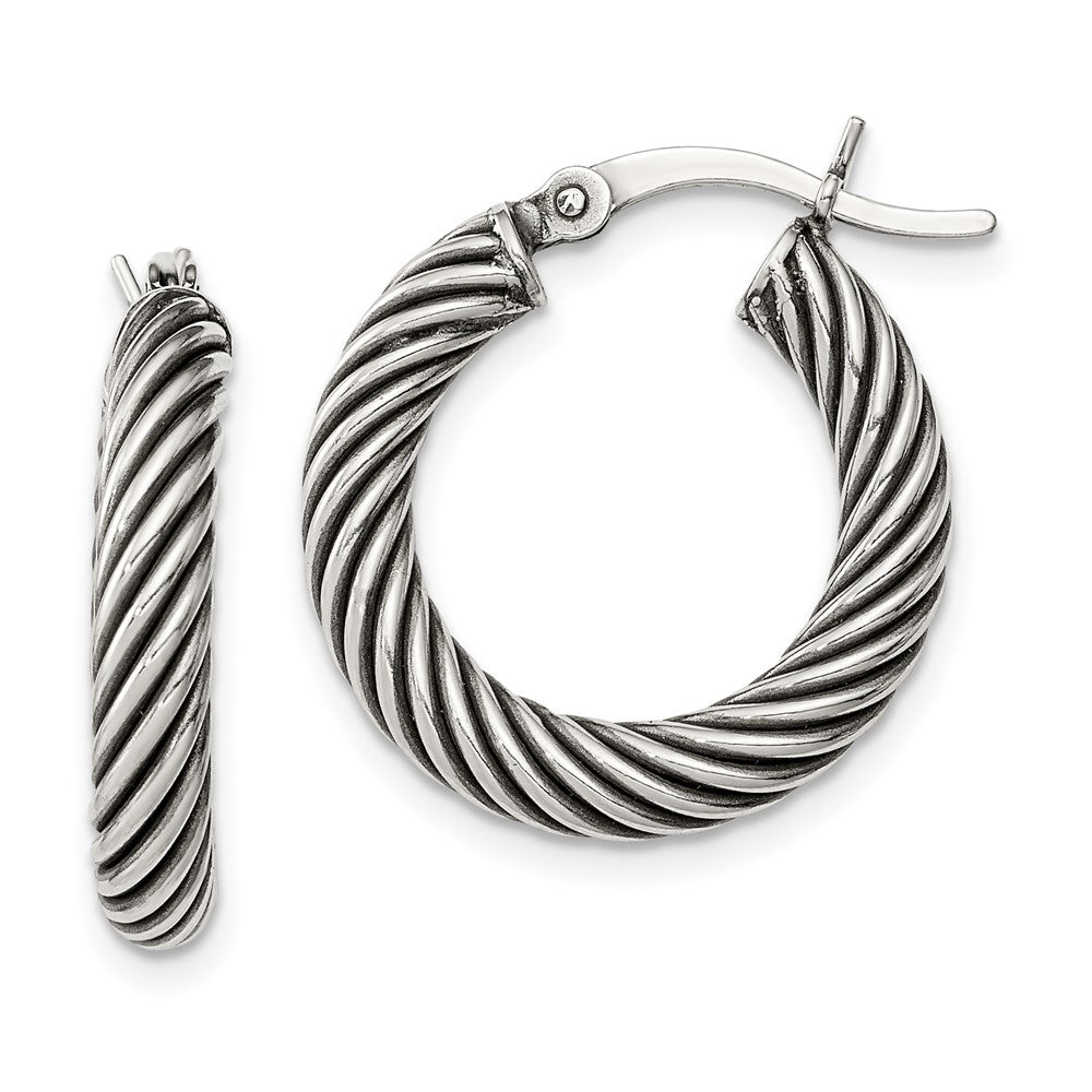 Sterling Silver Antiqued 3.25x20mm Twisted Hoop Earrings