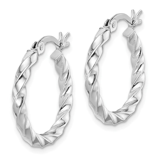 Rhodium-plated Sterling Silver Twisted 3x20mm Hoop Earrings