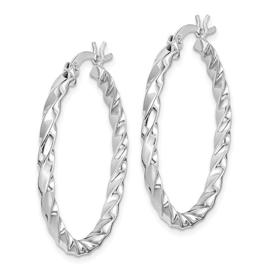 Rhodium-plated Sterling Silver Twisted 3x30mm Hoop Earrings