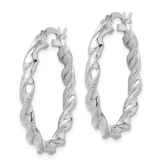 Rhodium-plated Sterling Silver Twisted 3.5x30mm Hoop Earrings