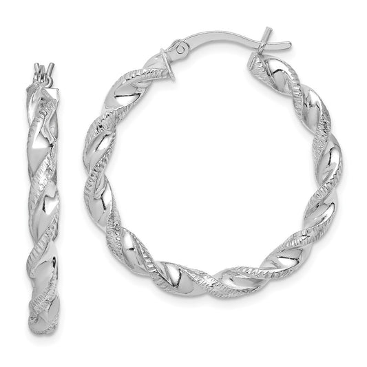 Rhodium-plated Sterling Silver Twisted 3.5x30mm Hoop Earrings