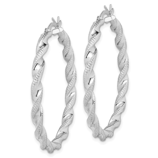 Rhodium-plated Sterling Silver Twisted 3.5x40mm Hoop Earrings