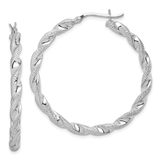 Rhodium-plated Sterling Silver Twisted 3.5x40mm Hoop Earrings