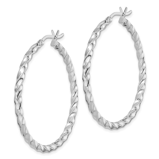 Rhodium-plated Sterling Silver Twisted 3x40mm Hoop Earrings