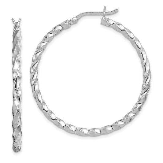 Rhodium-plated Sterling Silver Twisted 3x40mm Hoop Earrings