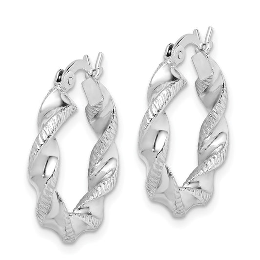 Rhodium-plated Sterling Silver Twisted 3.5x20mm Hoop Earrings