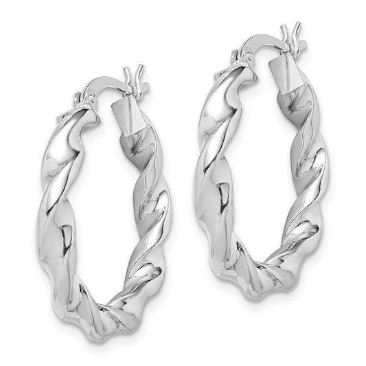 Rhodium-plated Sterling Silver Twisted 3.5x25mm Hoop Earrings