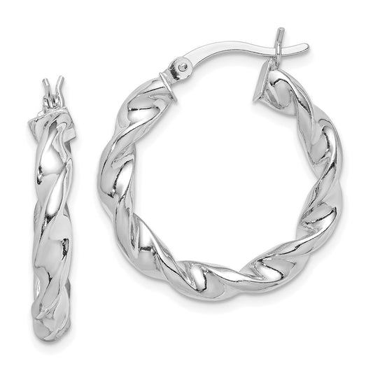 Rhodium-plated Sterling Silver Twisted 3.5x25mm Hoop Earrings