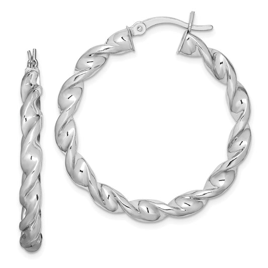 Rhodium-plated Sterling Silver Twisted 3.5x35mm Hoop Earrings