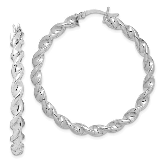 Rhodium-plated Sterling Silver Twisted 3.5x45mm Hoop Earrings