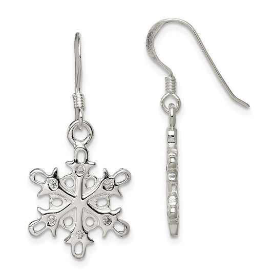 Sterling Silver Polished Satin CZ Snowflake Dangle Earrings