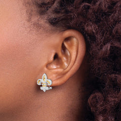 Sterling Silver Vermeil Fleur de Lis CZ Omega Back Earrings