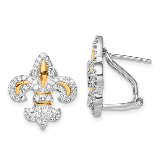 Sterling Silver Vermeil Fleur de Lis CZ Omega Back Earrings