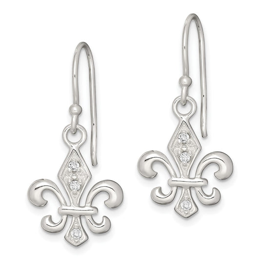 Sterling Silver White CZ Accented Fleur de Lis Dangle Earrings