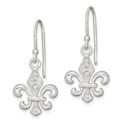 Sterling Silver White CZ Accented Fleur de Lis Dangle Earrings