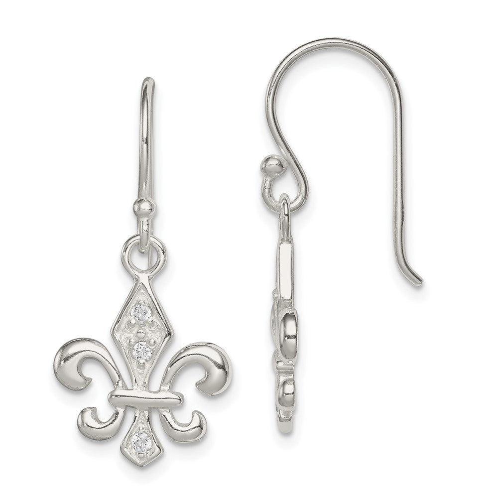 Sterling Silver White CZ Accented Fleur de Lis Dangle Earrings