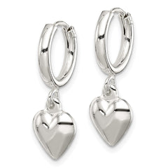 Sterling Silver Polished Puff Heart Dangle Hoop Earrings