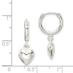 Sterling Silver Polished Puff Heart Dangle Hoop Earrings