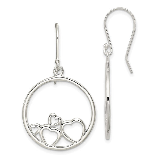 Sterling Silver Polished Open Hearts Circle Dangle Earrings