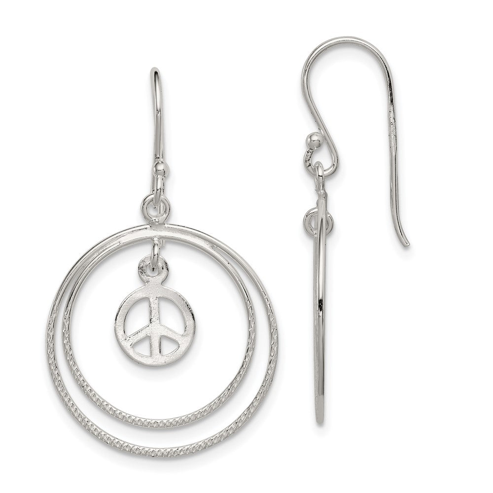 Sterling Silver Circles with Small Peace Symbol Dangle Earrings