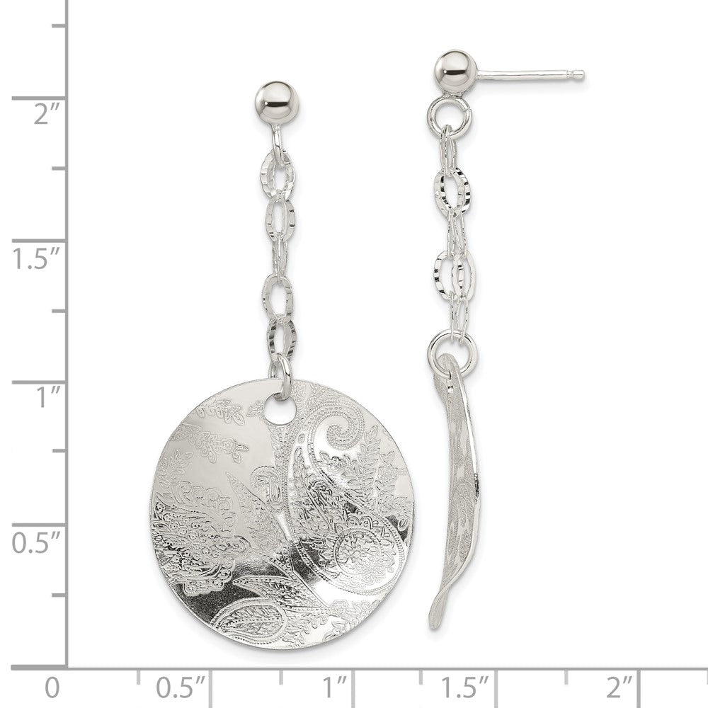 Sterling Silver Polished Textured Fancy Circle Dangle Post Earrings