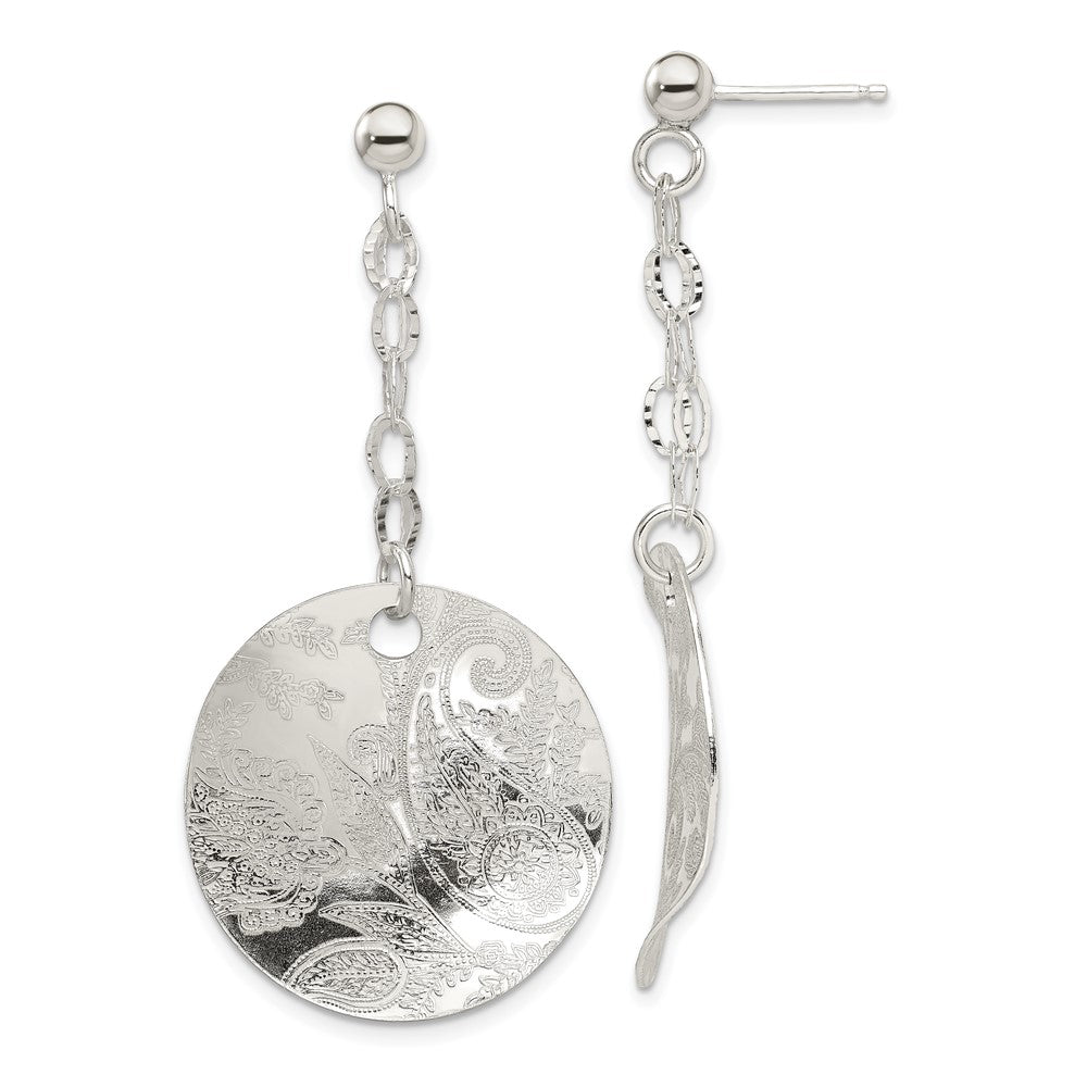 Sterling Silver Polished Textured Fancy Circle Dangle Post Earrings