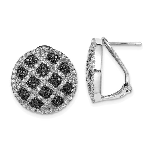Sterling Silver Black and White CZ Round Omega Back Earrings