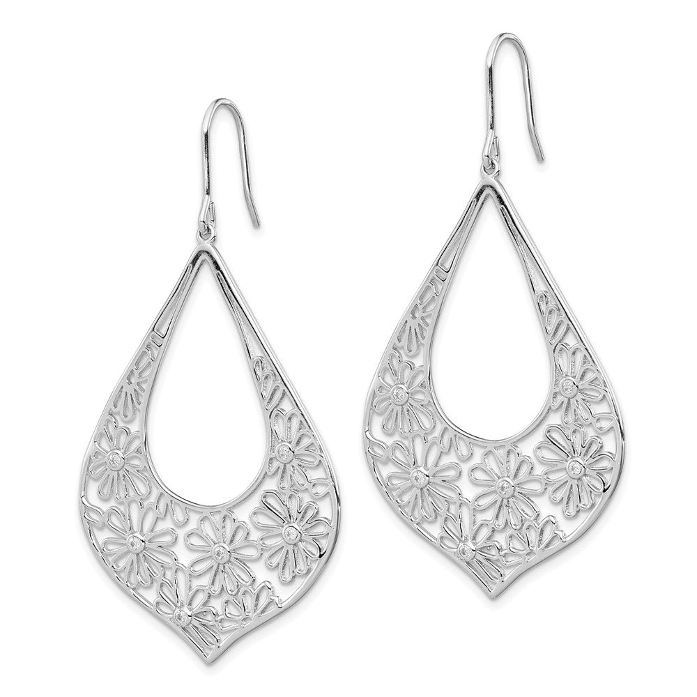 Sterling Silver Flowers with CZ Teardrop Dangle Earrings