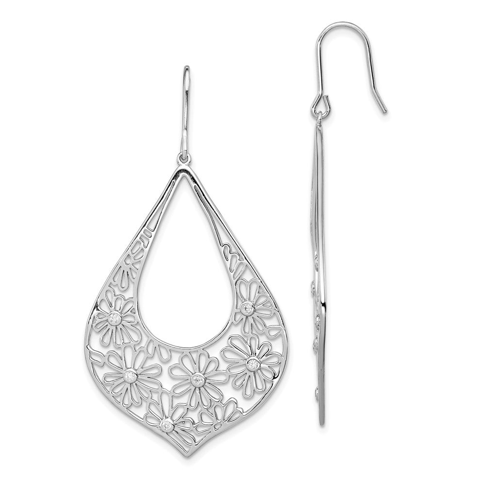 Sterling Silver Flowers with CZ Teardrop Dangle Earrings