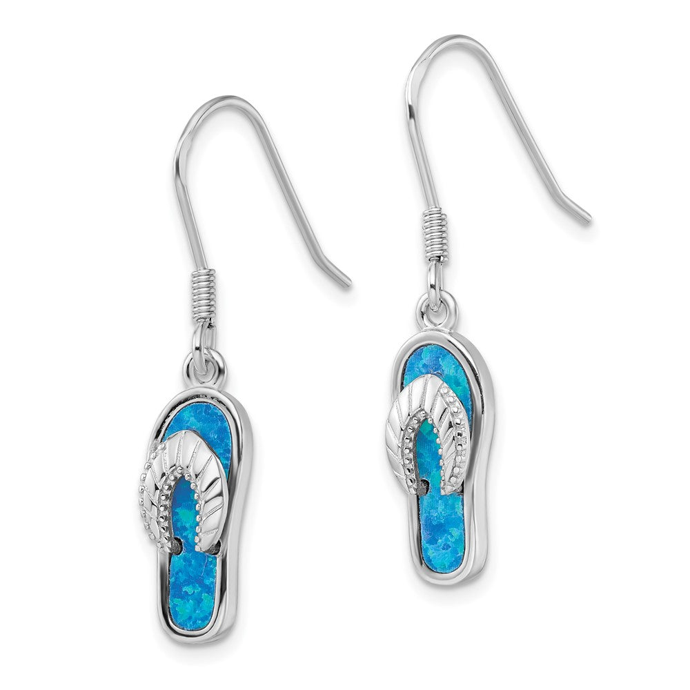 Sterling Silver Created Blue Inlay Opal Sandal Dangle Earrings