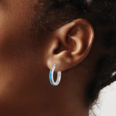Sterling Silver Created Blue Opal Inlay Hoop Earrings