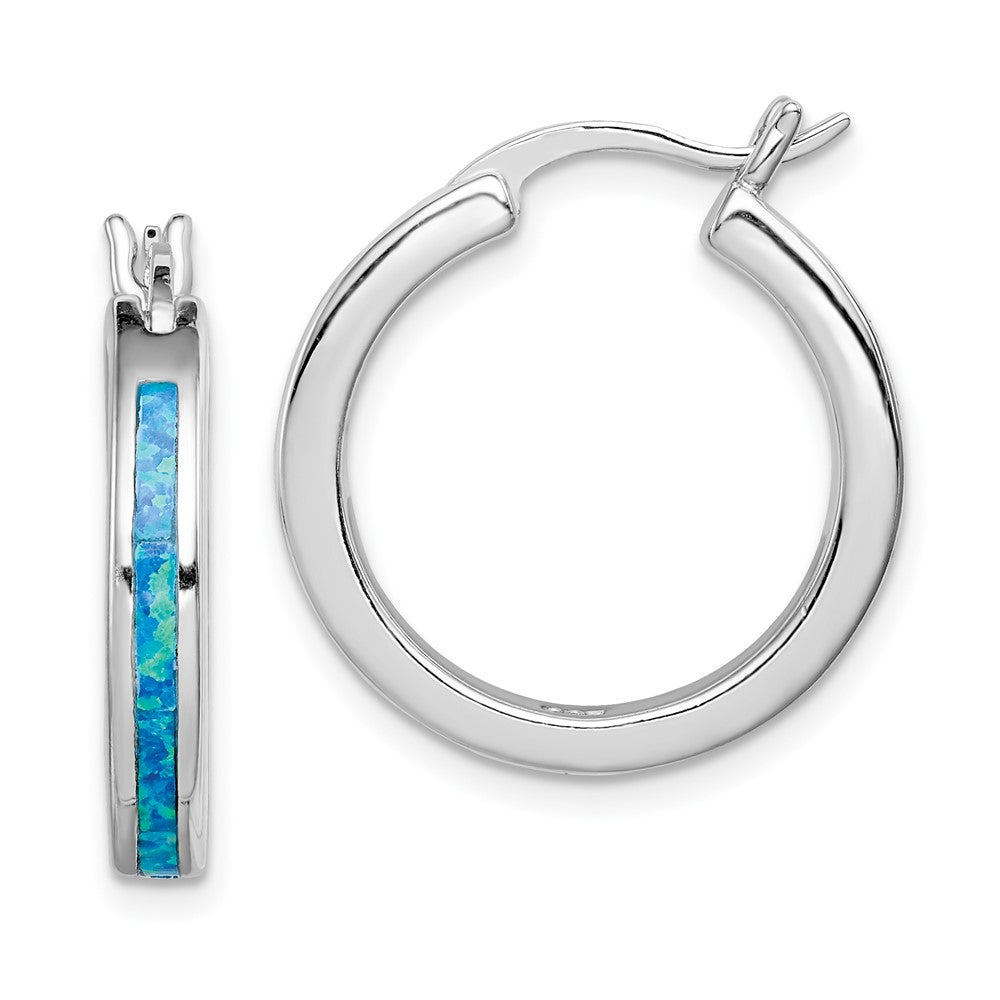 Sterling Silver Created Blue Opal Inlay Hoop Earrings