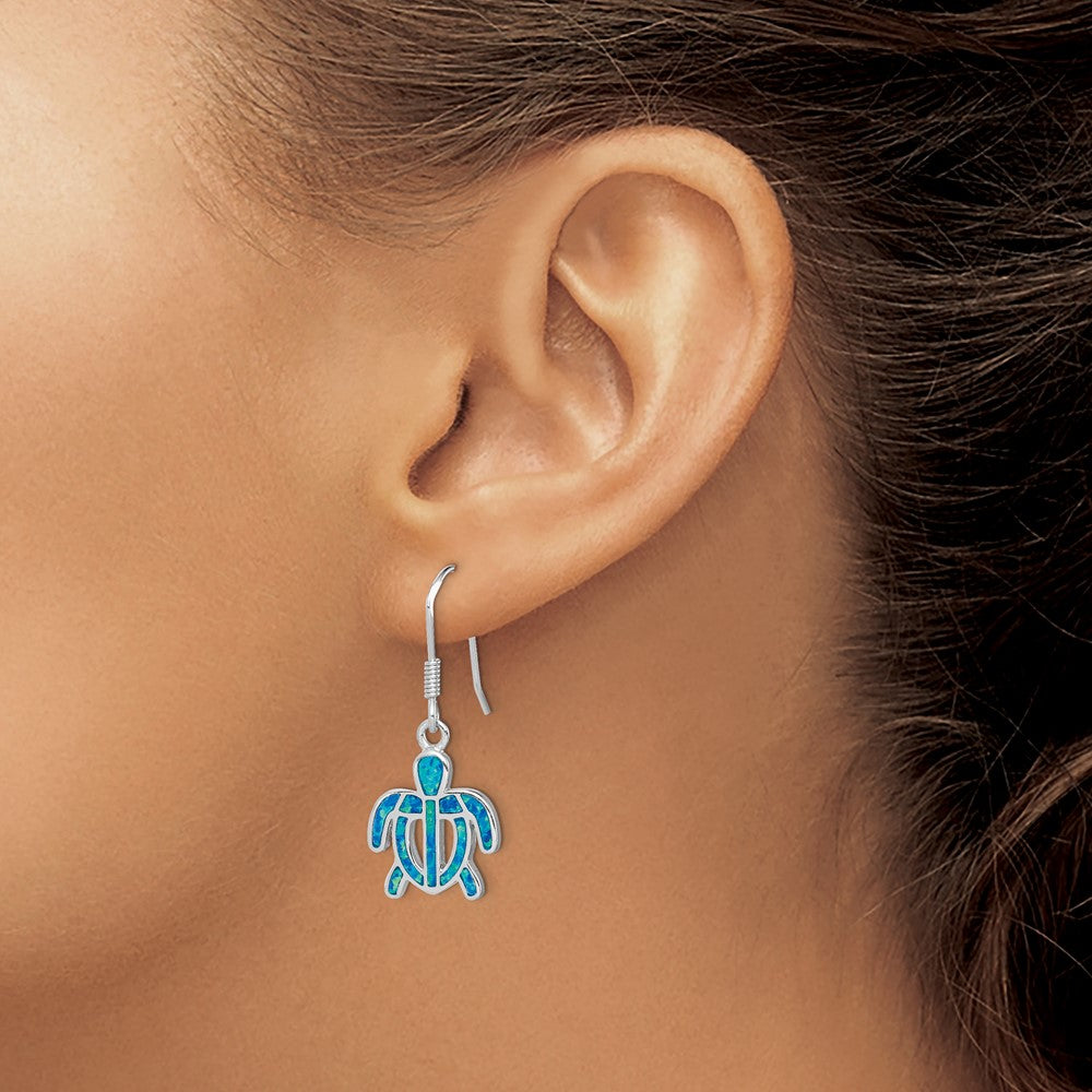 Sterling Silver Created Blue Opal Inlay Tortoise Dangle Earrings
