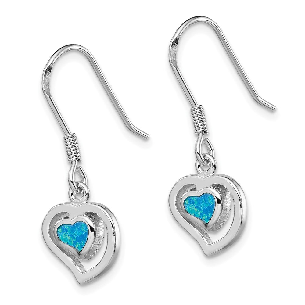 Sterling Silver Created Blue Opal Inlay Center Heart Dangle Earrings