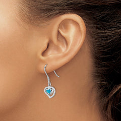 Sterling Silver Created Blue Opal Inlay Center Heart Dangle Earrings
