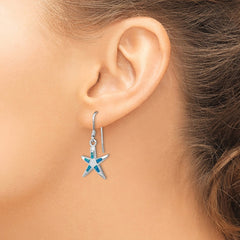 Sterling Silver Created Blue Opal Inlay Flat Starfish Dangle Earrings