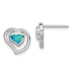 Sterling Silver Created Blue Opal Inlay Center Heart Post Earrings