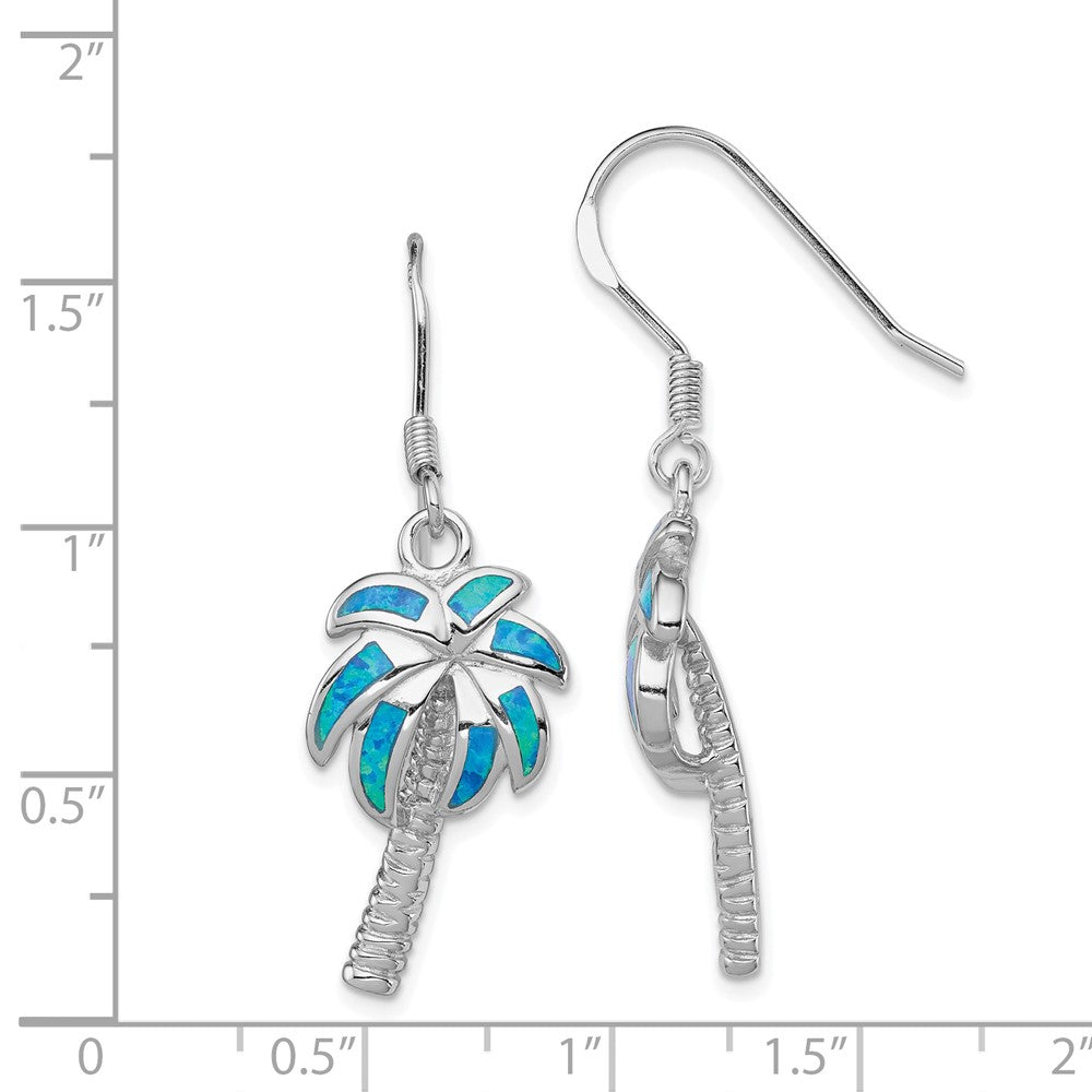 Sterling Silver Created Blue Opal Inlay Palm Tree Dangle Earrings