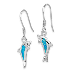 Sterling Silver Created Blue Opal Inlay Dolphin Dangle Earrings