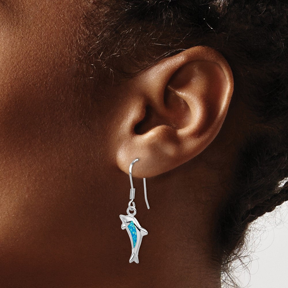 Sterling Silver Created Blue Opal Inlay Dolphin Dangle Earrings