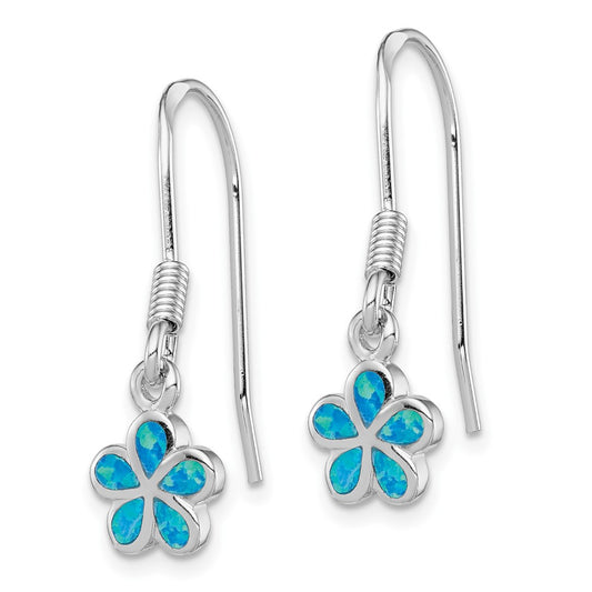 Sterling Silver Created Blue Opal Inlay Flower Dangle Earrings